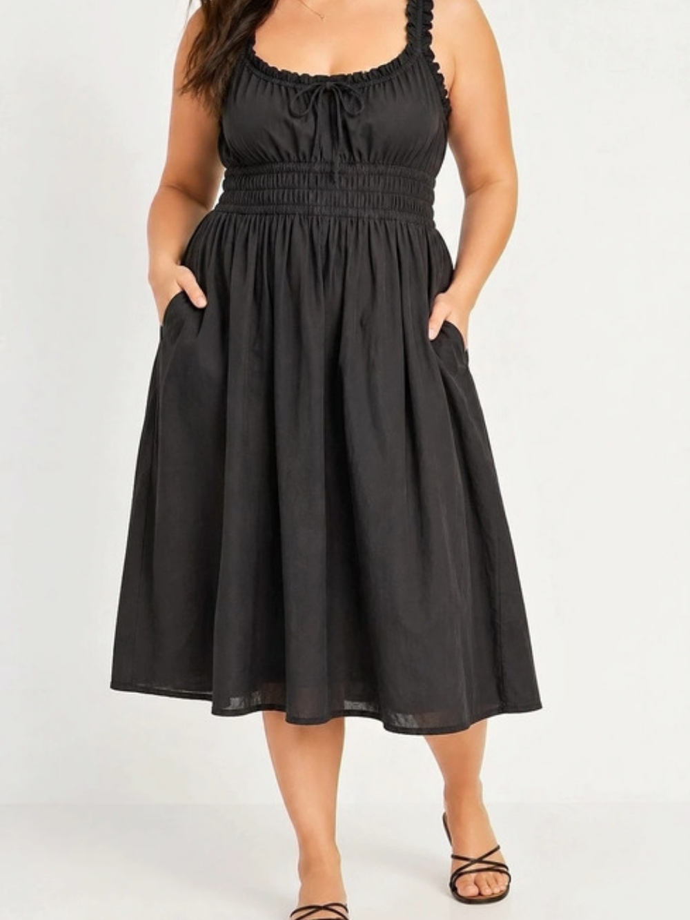 Old Navy Black 100% Cotton Ruffle Smocked Midi Dress Pockets XXL